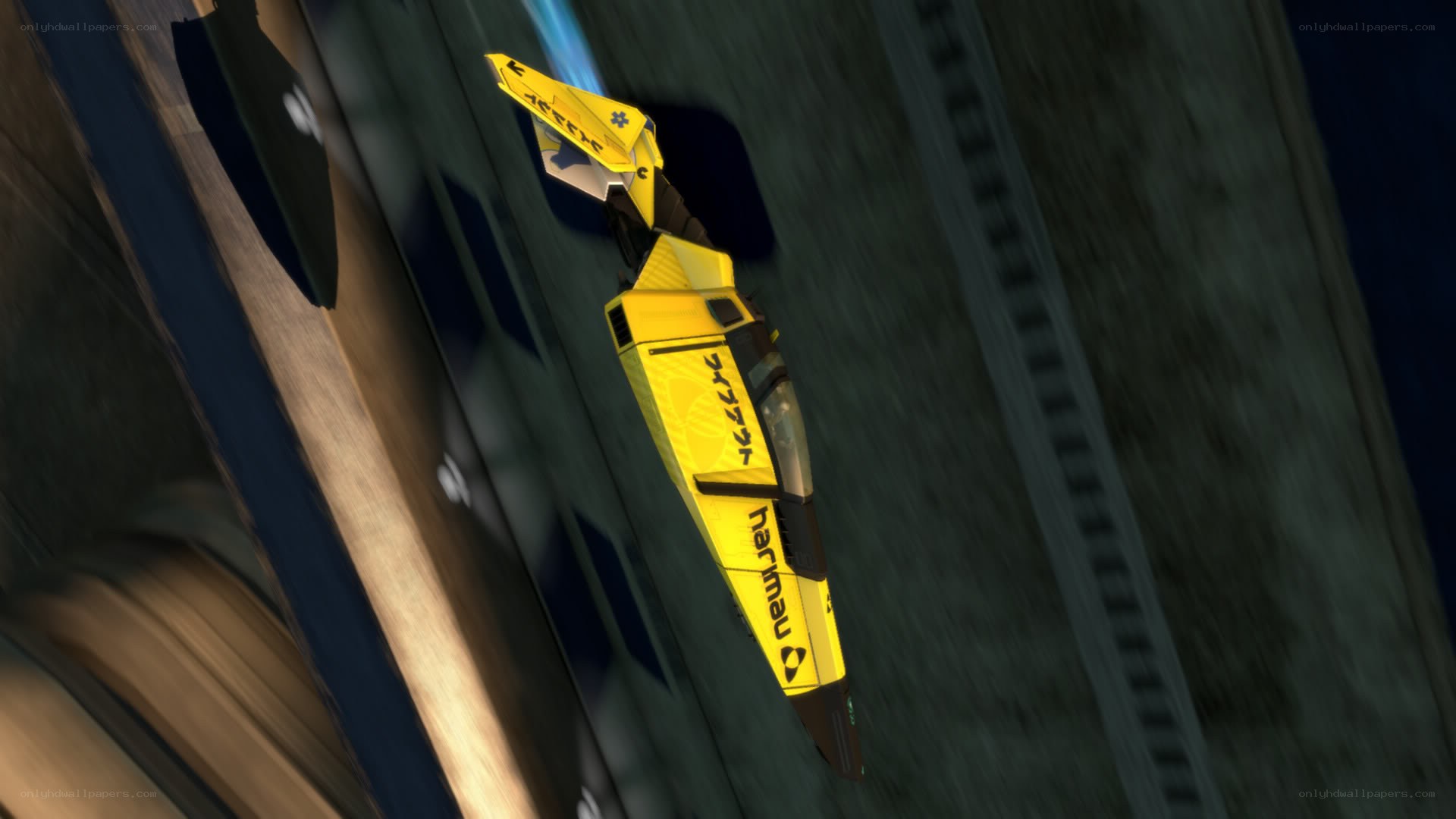 yellow futuristic vehicle in flight