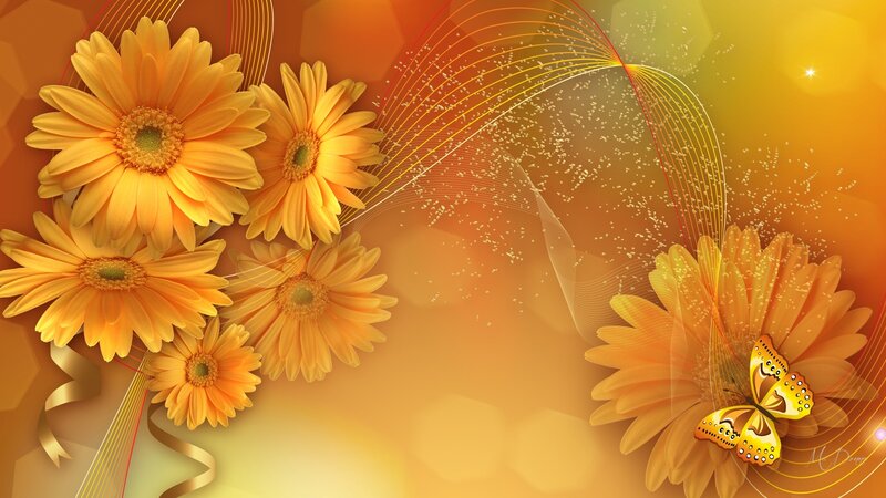 Yellow Gerbera Daisies — Orange, Warm, Digital Art