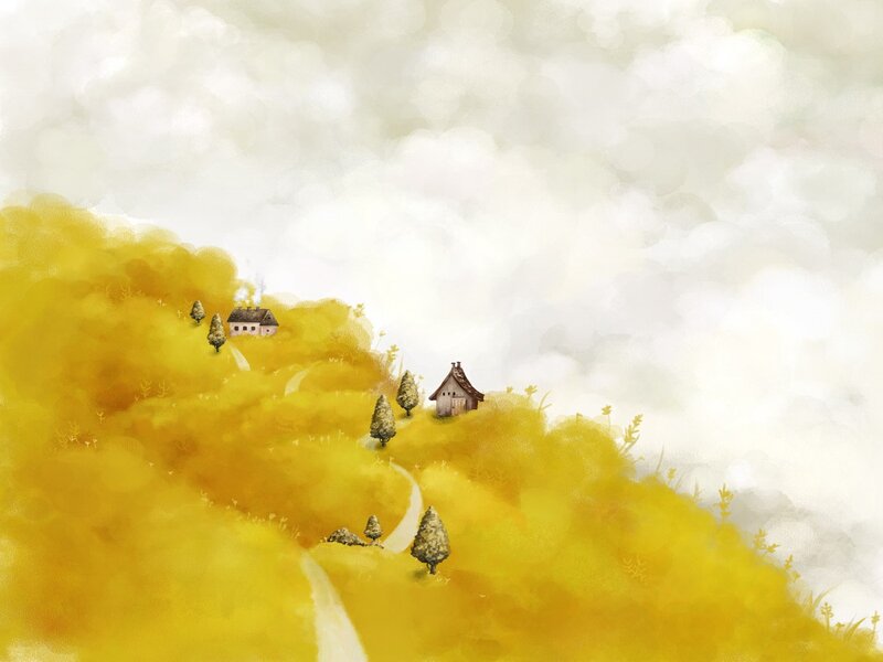 Yellow hills with small houses