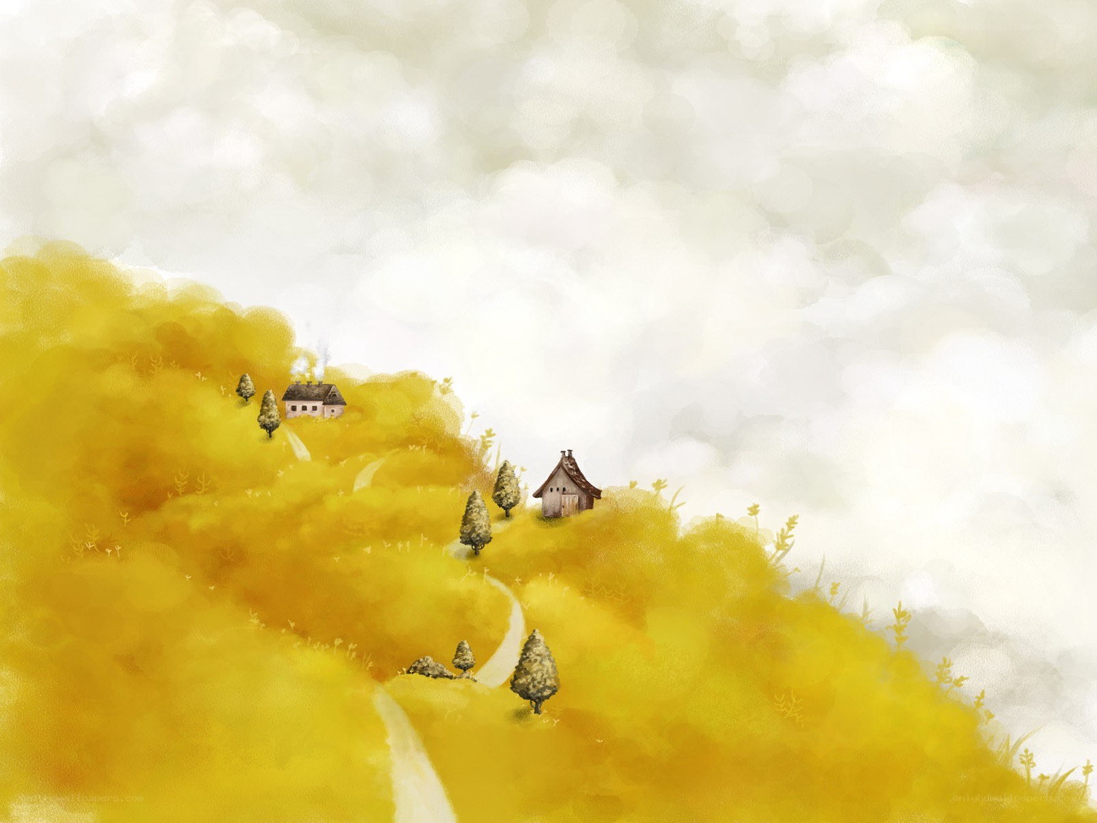 Yellow hills with small houses