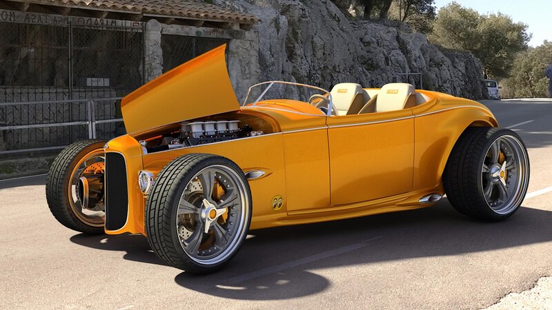 Yellow Hot Rod Car — Bright, Afternoon, 3d Render