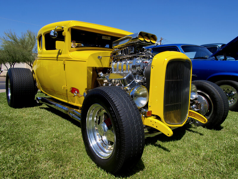 Yellow Hot Rod Car — Bright, Afternoon, Photograph, Blue Car