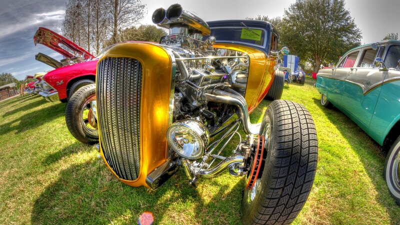 Yellow Hot Rod Car — Dramatic, Afternoon, Photograph, Car Show