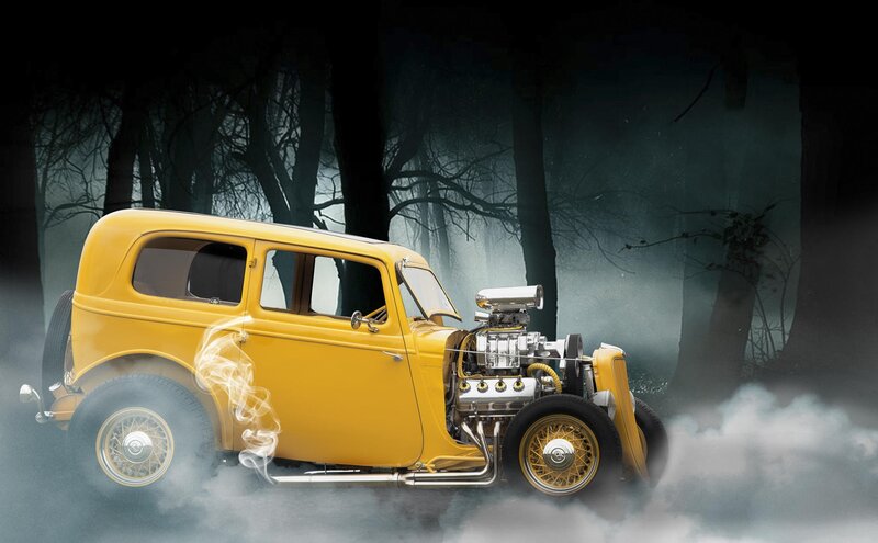 Yellow Hot Rod Car — Dramatic, Night, Digital Art, Smoke