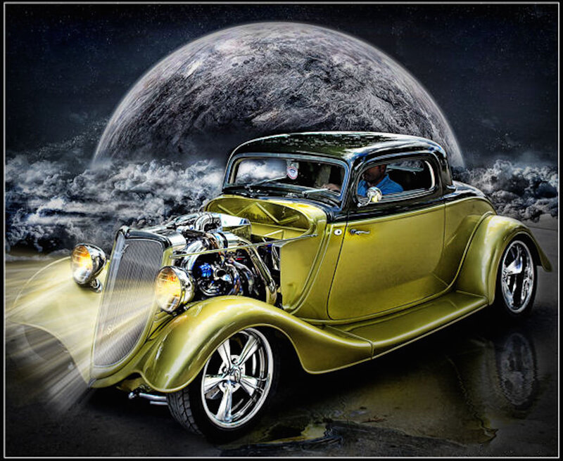 Yellow Hot Rod Car — Dramatic, Night, Digital Art