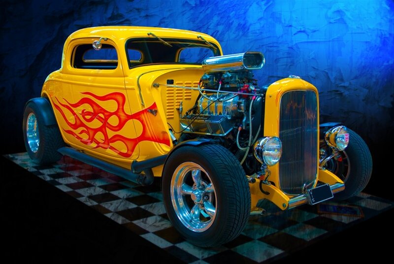 Yellow Hot Rod Car — Dramatic, Night