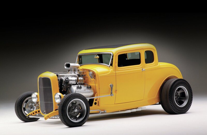 Yellow Hot Rod Car — Dramatic, Photograph, Engine