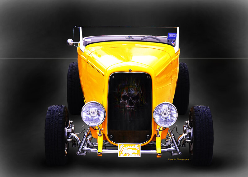 Yellow Hot Rod Car — Dramatic, Photograph, Skull Grille