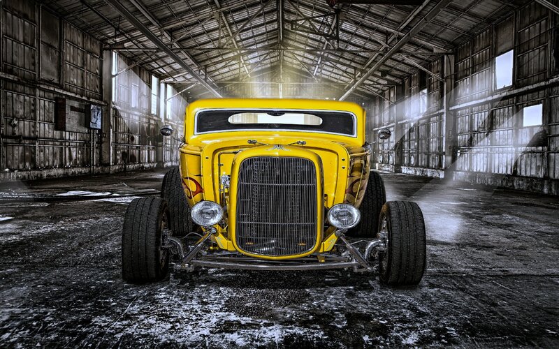 Yellow Hot Rod Car — Dramatic, Photograph, Warehouse