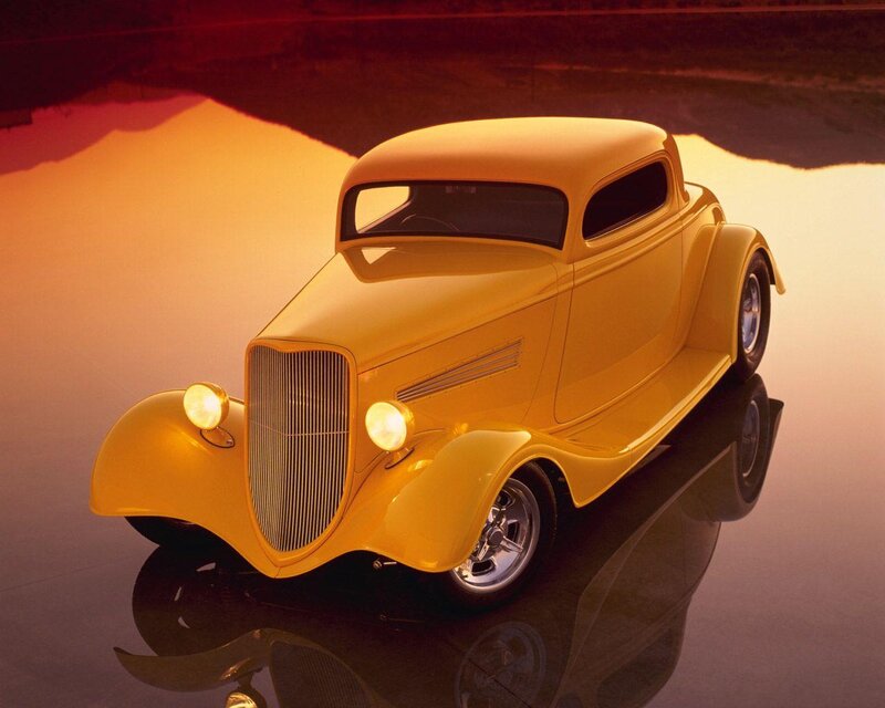 Yellow Hot Rod Car — Dramatic, Sunset, Photograph