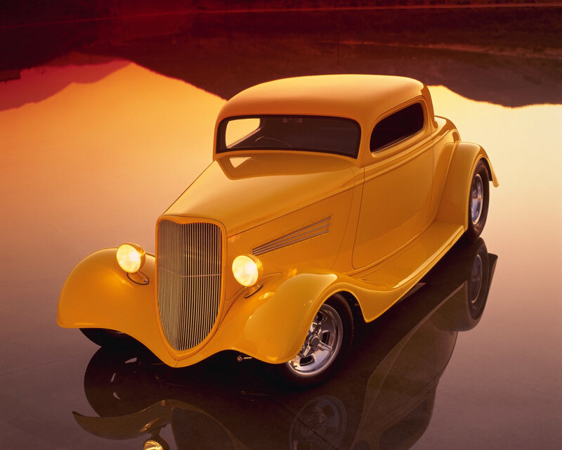 Yellow Hot Rod Car — Dramatic, Sunset