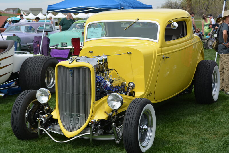 Yellow Hot Rod Car — Outdoor, Afternoon, Photograph, Car Show, People