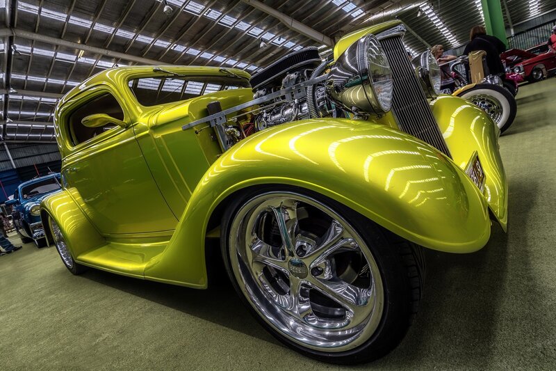 Yellow Hot Rod Car — Showcase, Photograph, Car Show, People