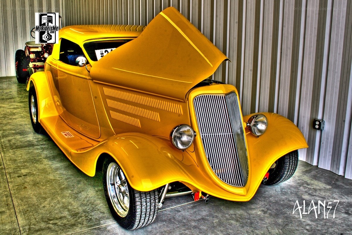 yellow hot rod car