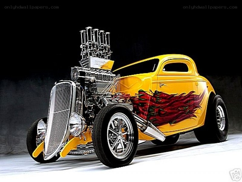 yellow hot rod with flame design
