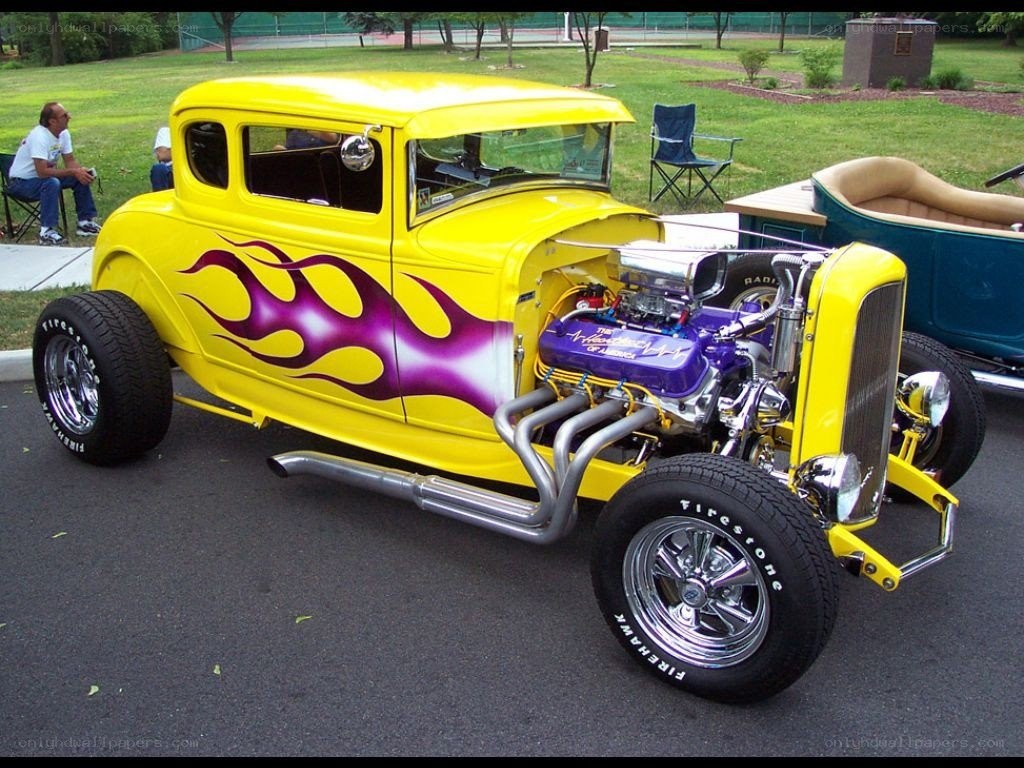 yellow hot rod with flames