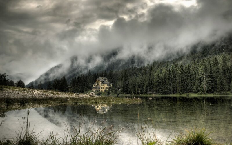 Yellow House by Lake — Green, Dramatic, Photograph