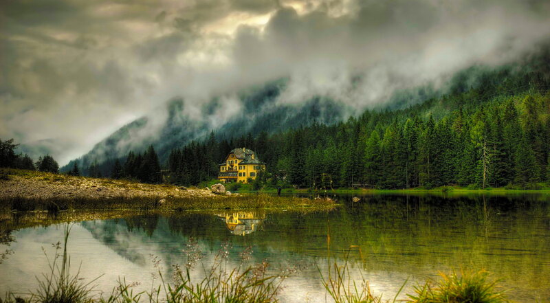 Yellow House by Lake — Green, Dramatic