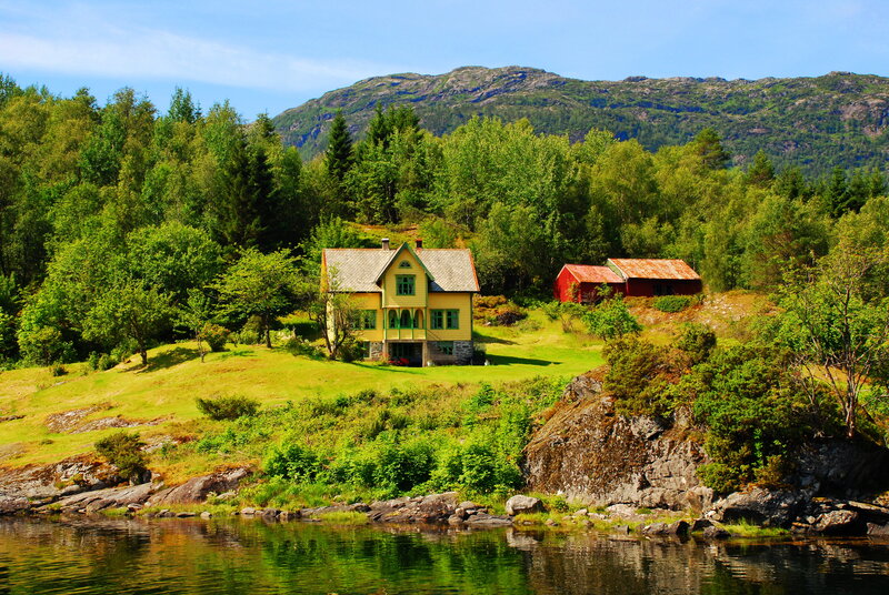 Yellow House by Lake — Green, Serene