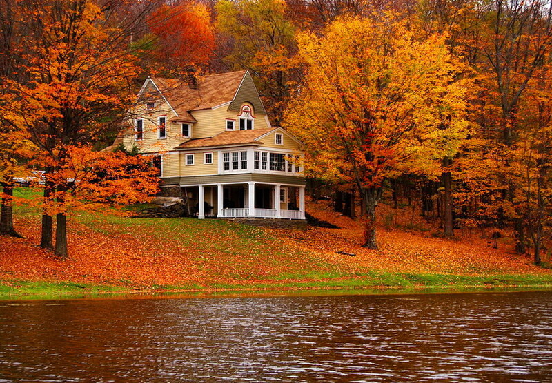 Yellow House by Lake — Orange, Serene