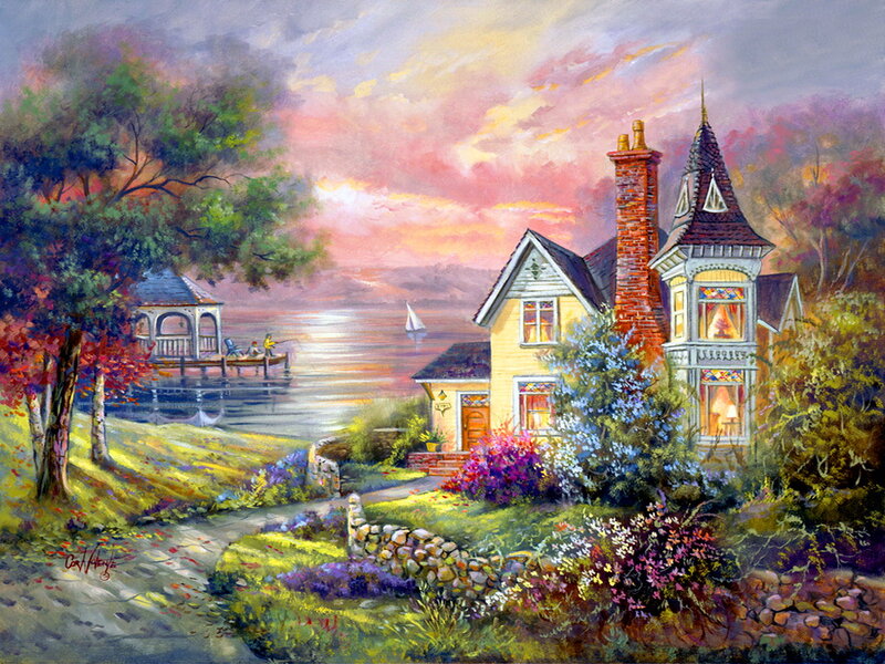 Yellow House by Lake — Serene, Sunset