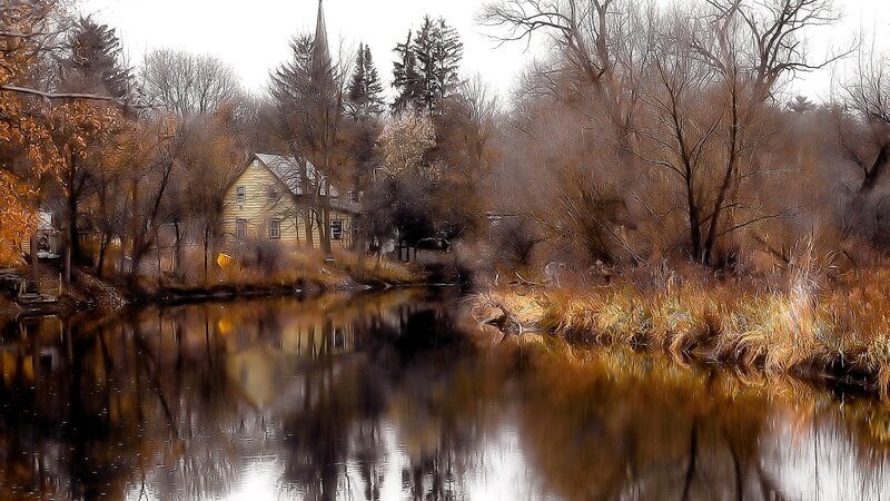 Yellow House by River — Brown