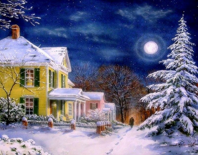 Yellow House in Snow — Blue, Serene
