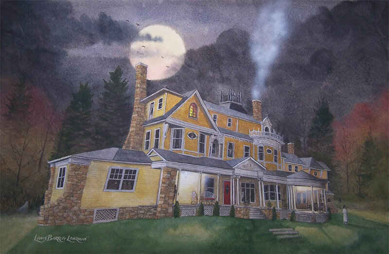 Yellow house under full moon