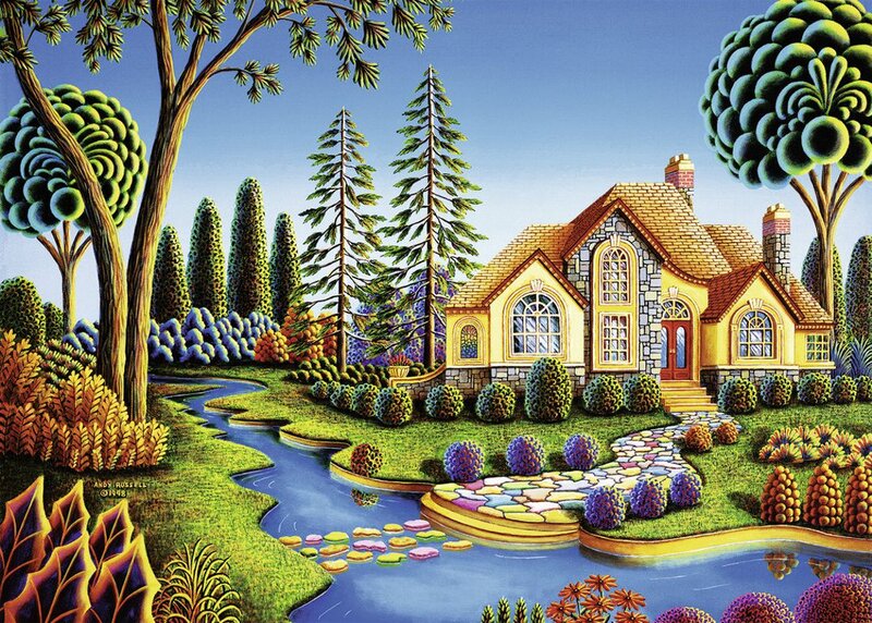 Yellow House with Garden — Green, Serene, Afternoon, Illustration