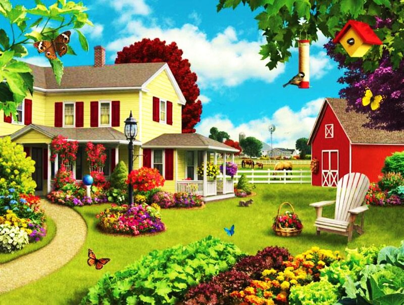 Yellow House with Garden — Green, Serene
