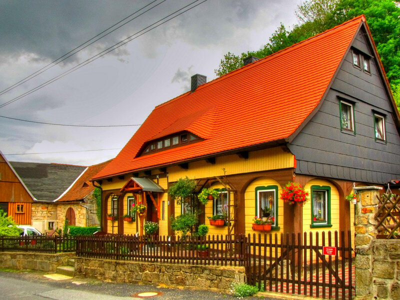 Yellow House with Red Roof — Dramatic, Afternoon
