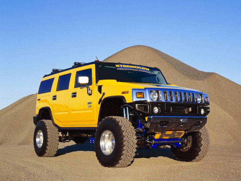 Yellow Hummer H2 in desert