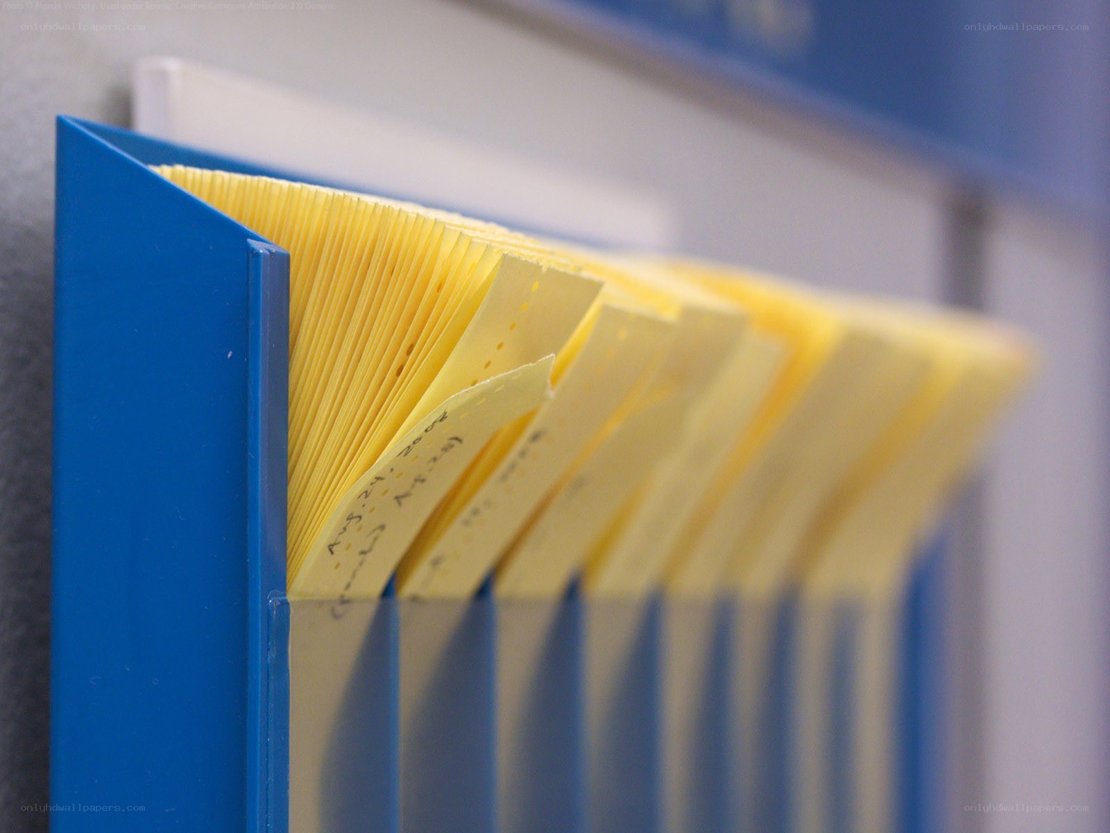 yellow index cards in blue tray