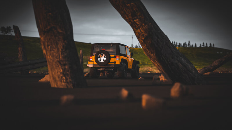 Yellow Jeep Wrangler — Dramatic, Sunset