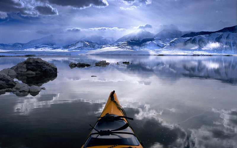 Yellow Kayak on Lake — Blue, Dramatic, Winter, Photograph, Mountains