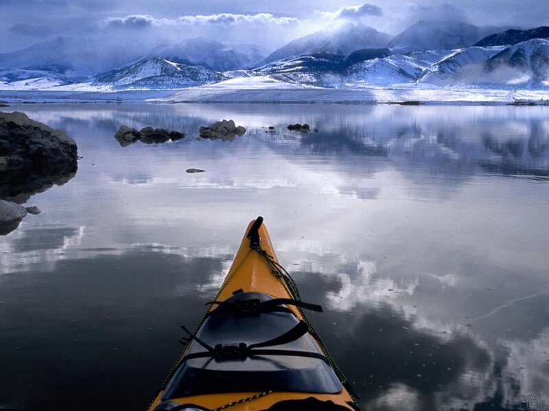 Yellow Kayak on Lake — Blue, Serene