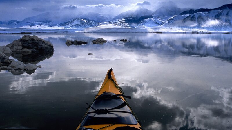 Yellow Kayak on Lake — Blue, Serene, Winter, Photograph