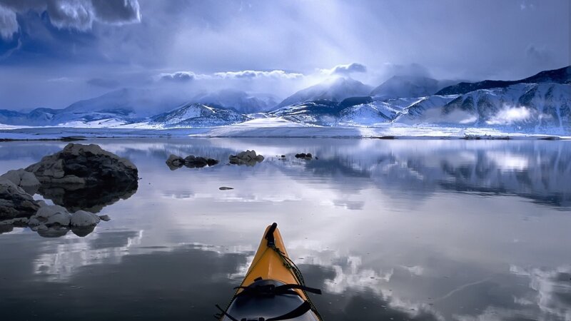 Yellow Kayak on Lake — Blue, Serene, Winter