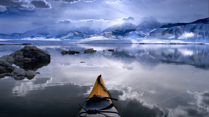 Yellow Kayak on Lake — Blue