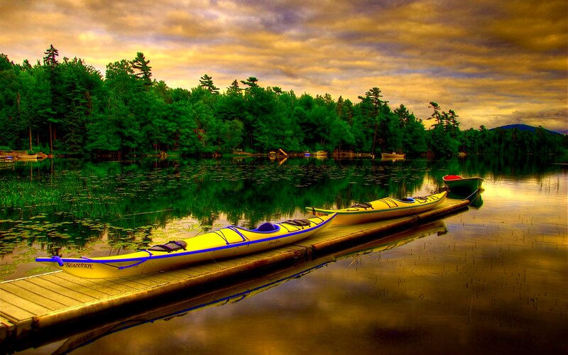 Yellow Kayaks on Dock — Green