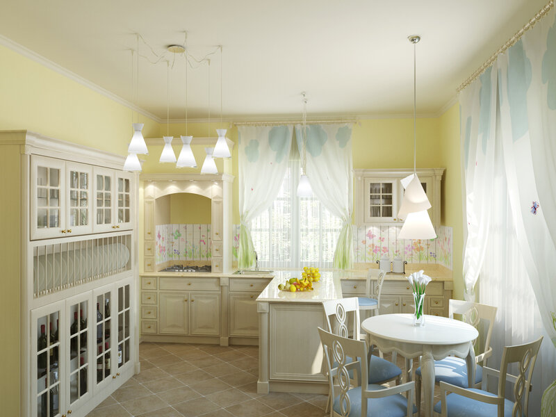 yellow kitchen with dining area