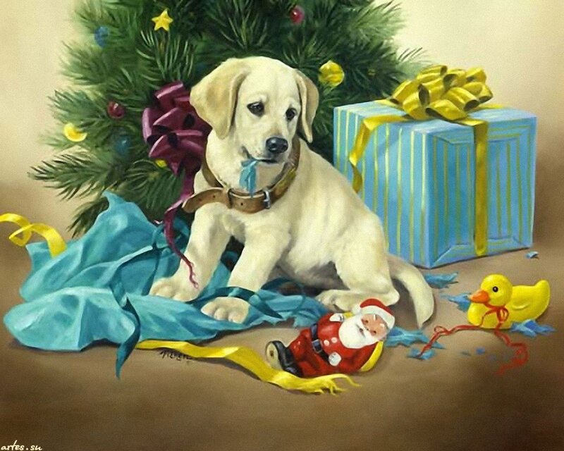 Yellow Lab Puppy — Blue, Festive