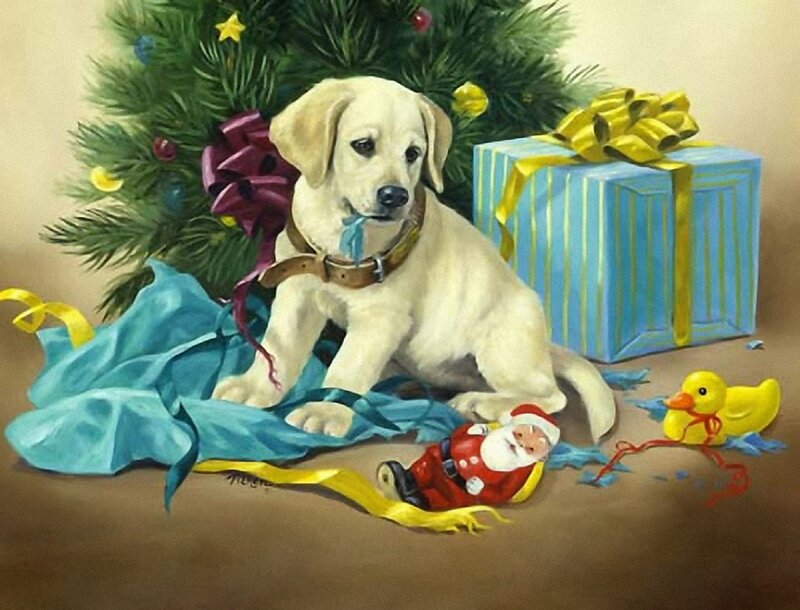 Yellow Lab Puppy — Blue, Festive, Winter