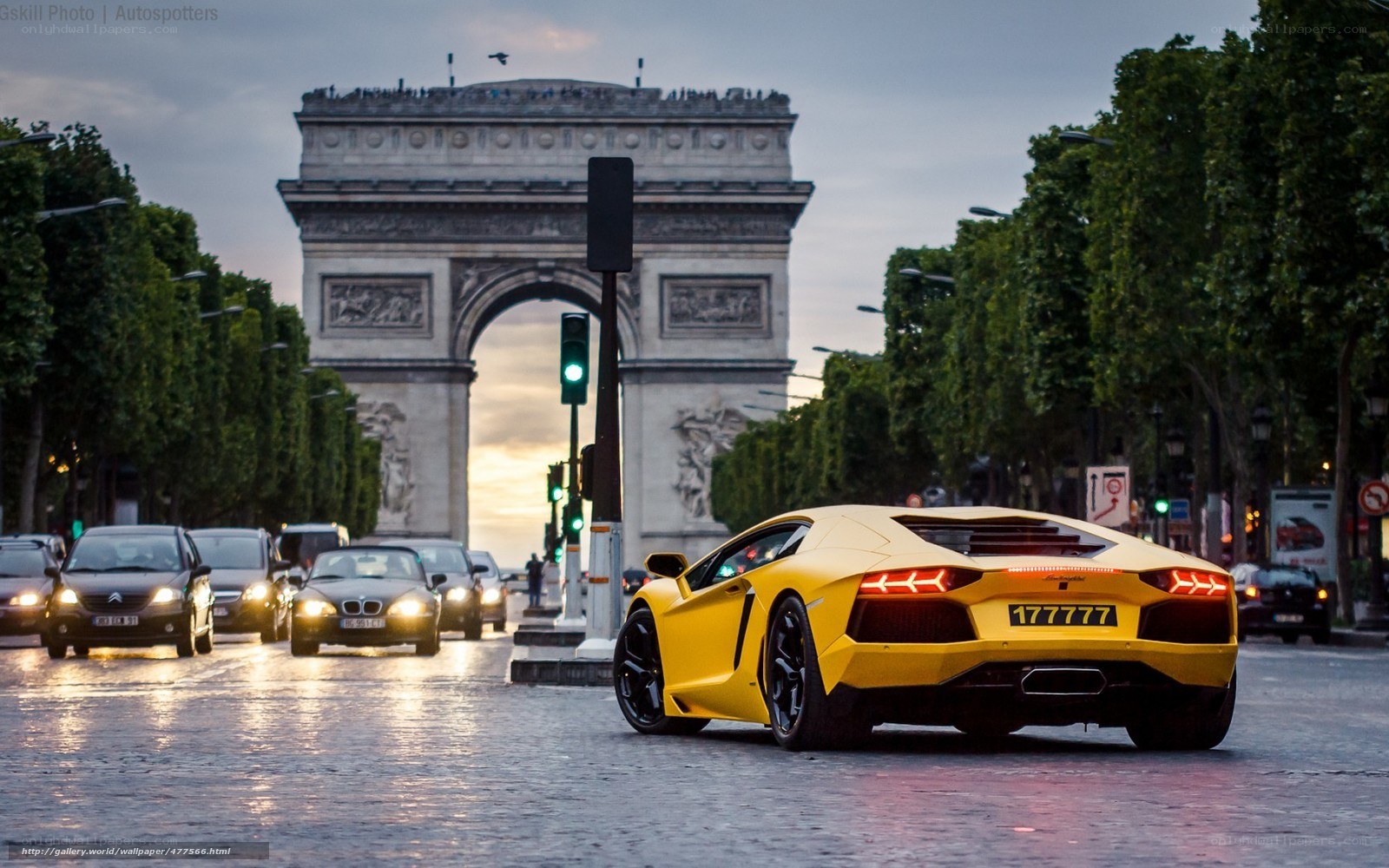 Yellow Lamborghini at Arc de Triomphe