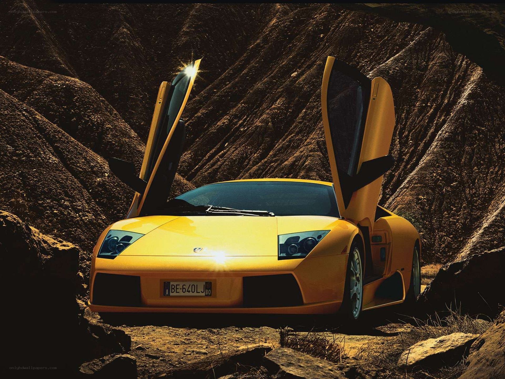 Yellow Lamborghini in canyon