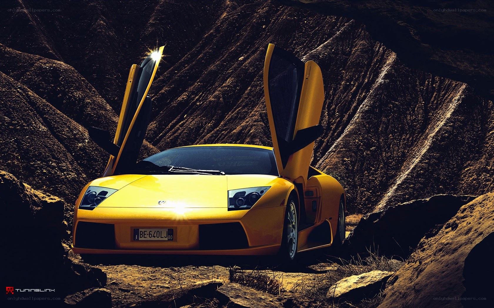 Yellow Lamborghini in canyon