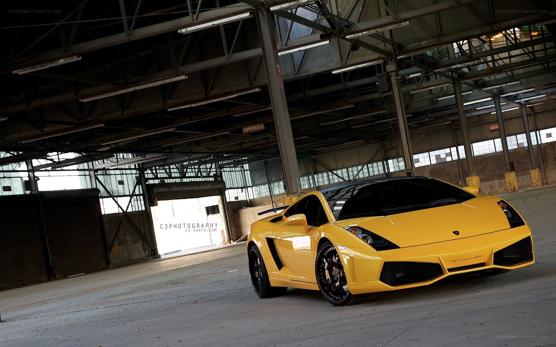 Yellow Lamborghini in warehouse