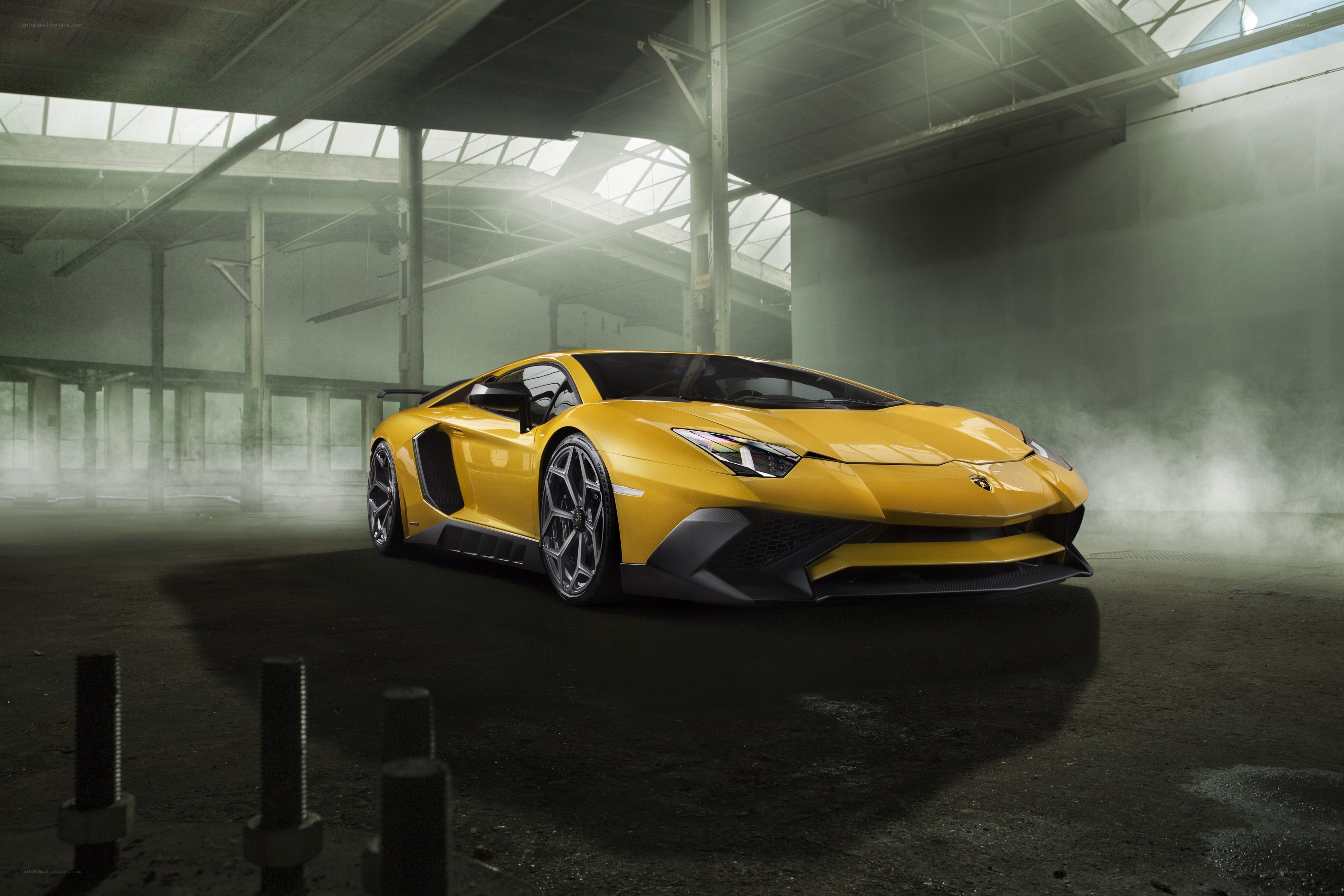Yellow Lamborghini in warehouse