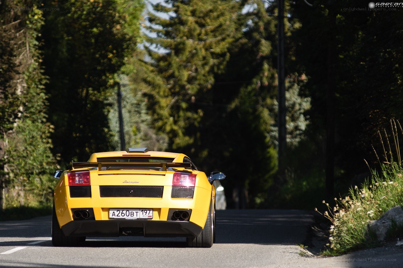 Yellow Lamborghini on a forest road