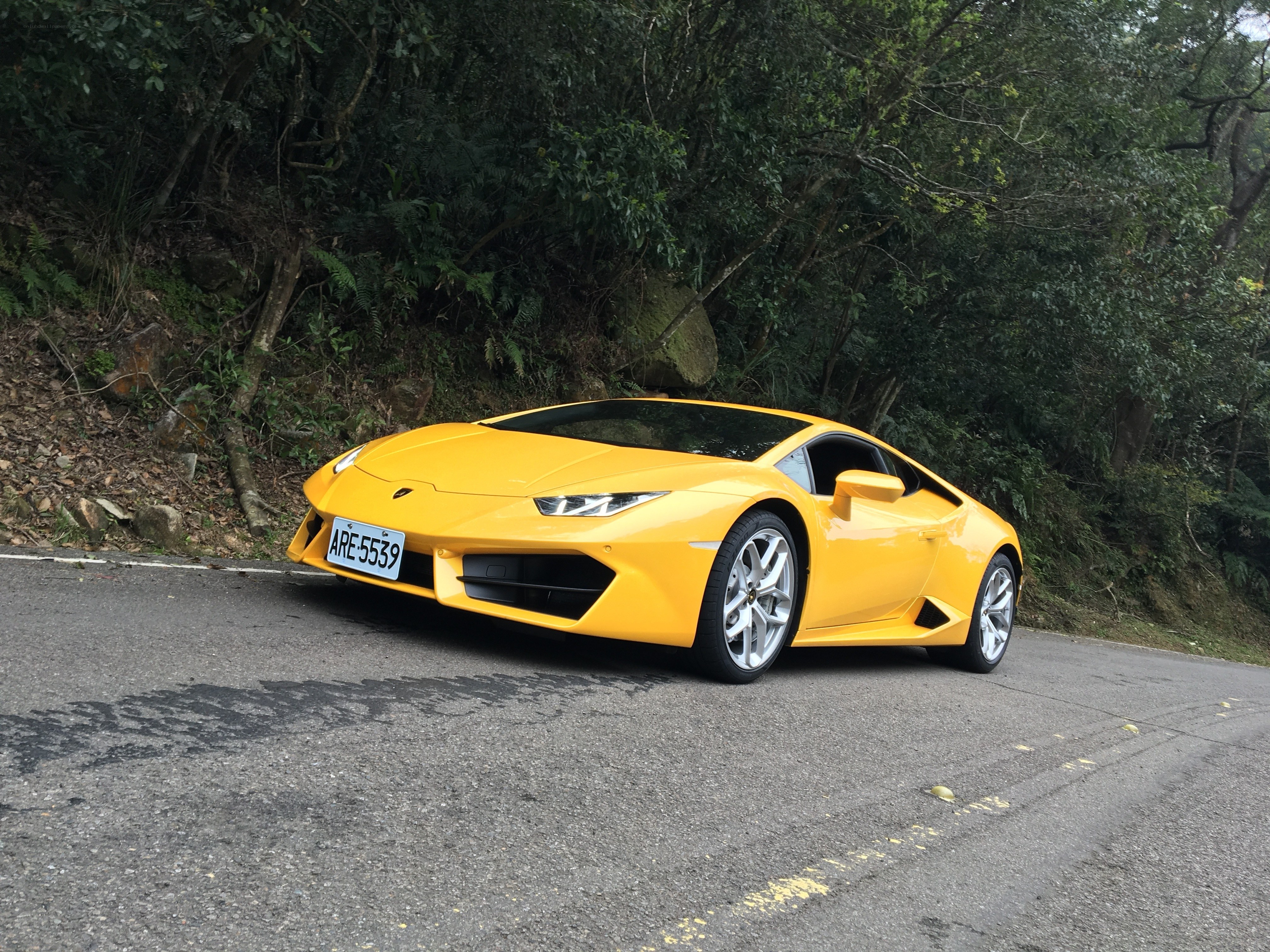 Yellow Lamborghini on a forest road